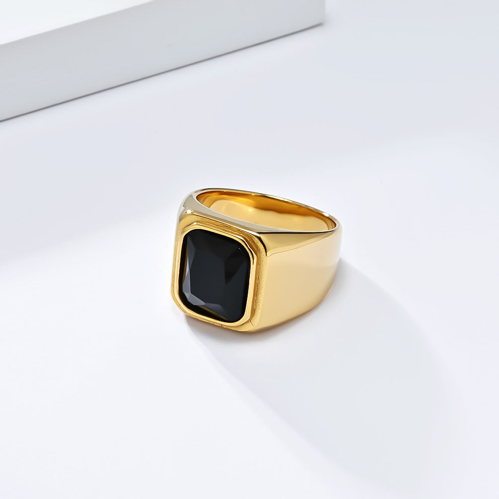 Planderful Personalized Light Luxury Men's Square Gemstone Ring Titanium Steel Gold-Plated