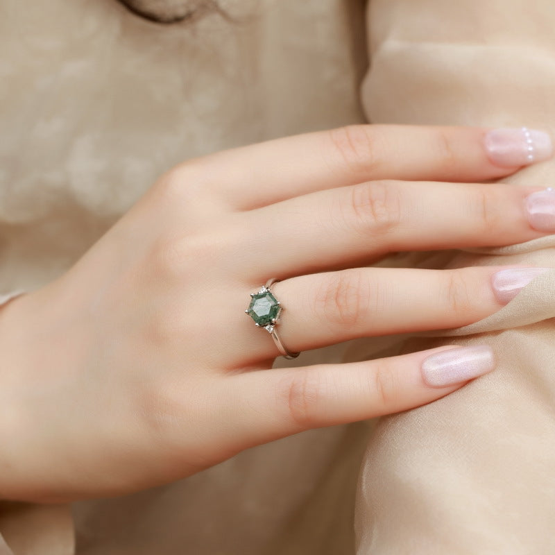 Planderful Jewelry Sterling Silver Agate Ring With Green Moss Stone For Everyday Elegance