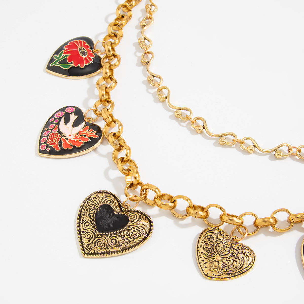 Flower & Heart Gemstone-Style Layered Necklace