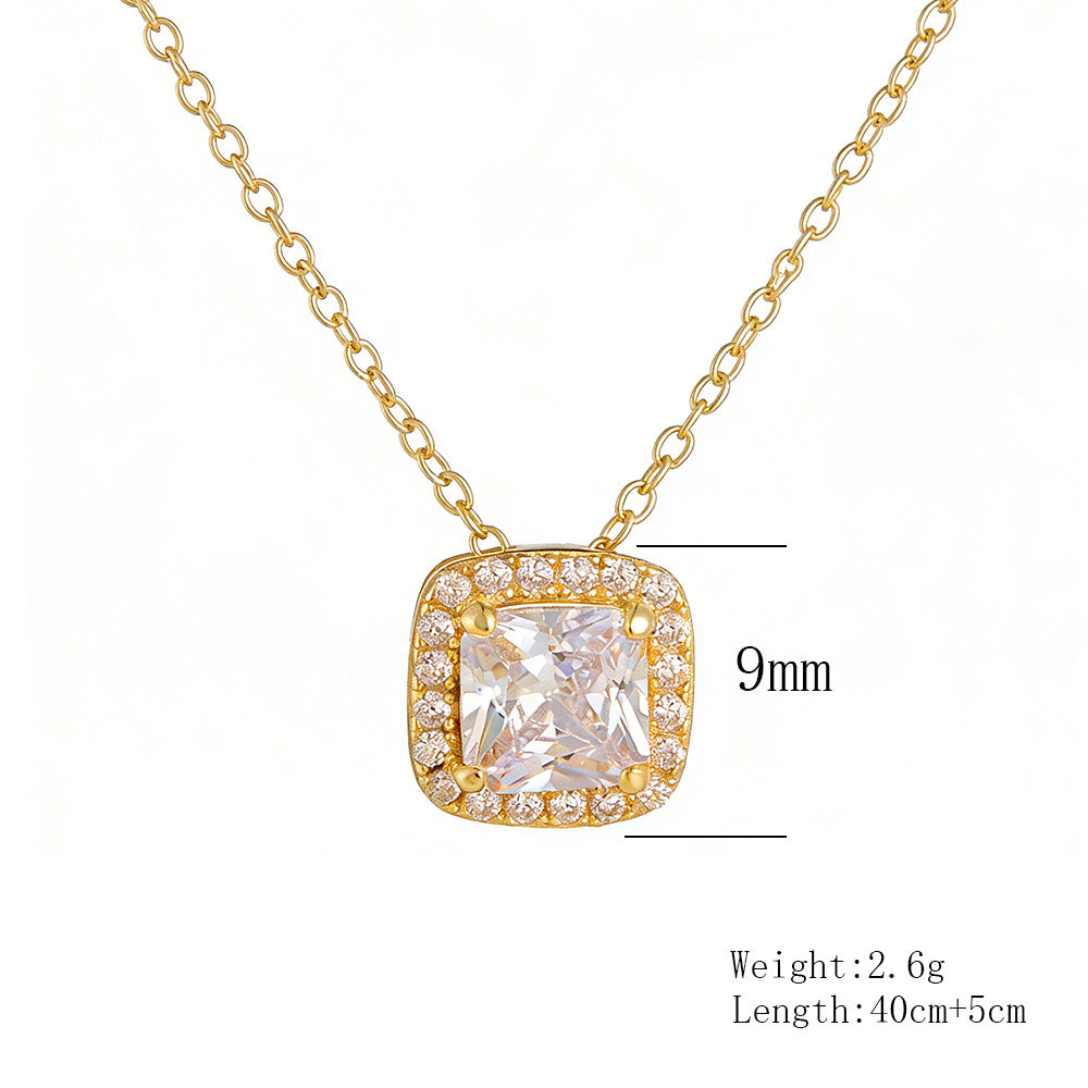 Korean Version S925 Sterling Silver Geometric Square Zircon Necklace Small