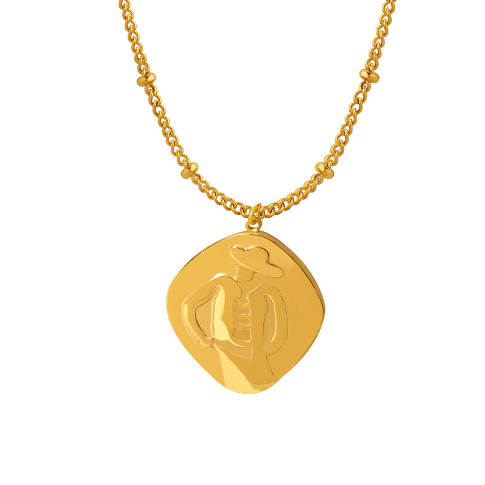 Golden Embossed Portrait Pendant Necklace - Stylish Titanium Steel Chain