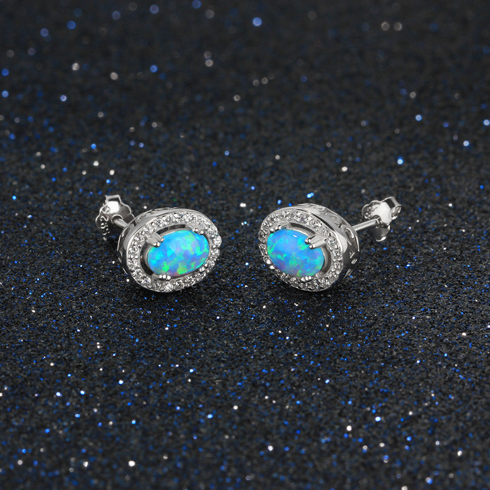 Planderful Jewelry Sterling Silver Opal Stud Earrings With Blue Oval Opal And Zircon Halo