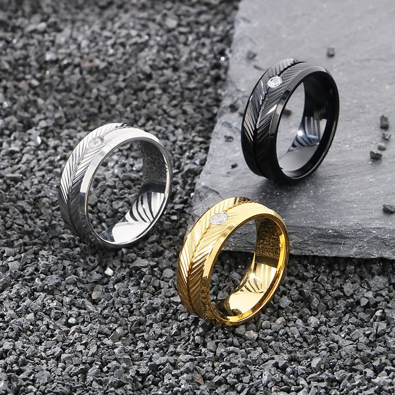 Ring Vacuum Plated Zircon Feather Round Stainless Steel Men's Ring
