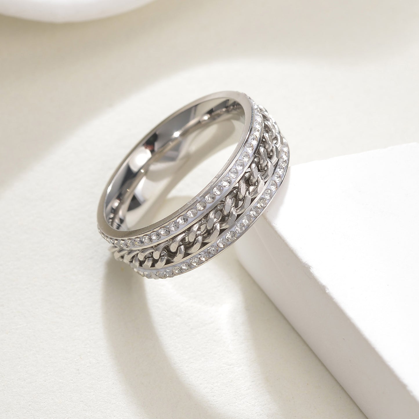 Planderful Everyday Genie Stainless Steel Rotatable Chain Double Row Zircon Couple Ring For Unisex