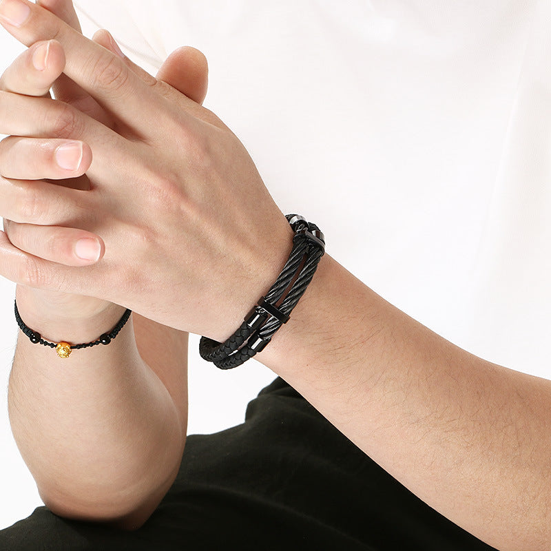 Business Style Black Double Leather Rope Leather Bracelet Layered Stainless Steel