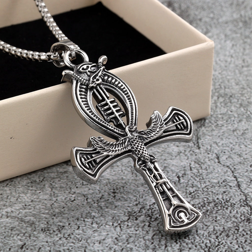 Vintage Cross Egyptian Stainless Steel Men's Pendant Necklace