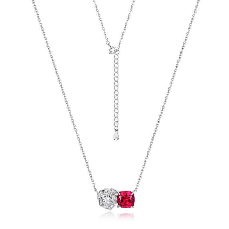 S925 Sterling Silver Lab-Grown Ruby Rose Pendant Necklace