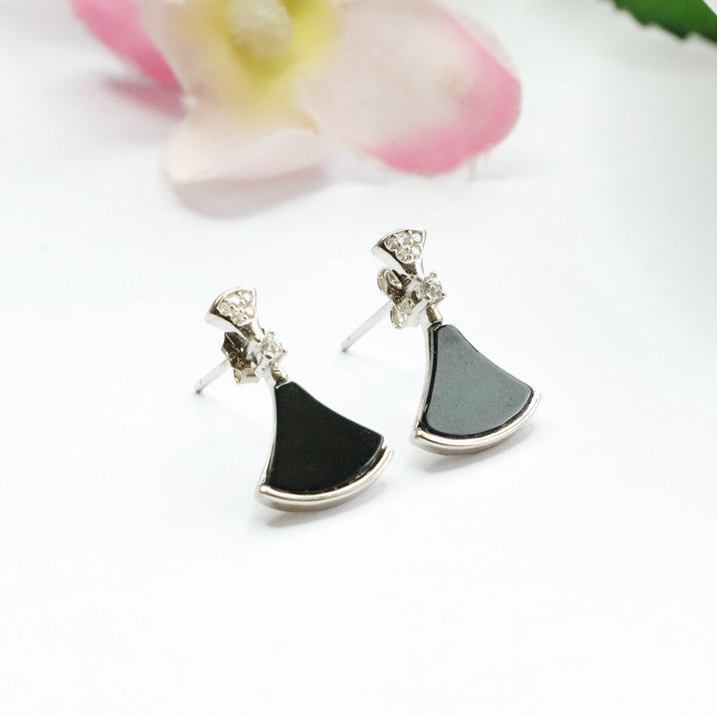 Stunning Blackish Green Small Skirt Stud Earrings with Sterling Silver and Natural Jade