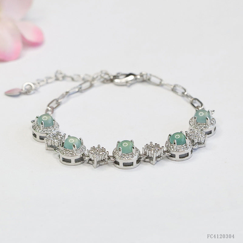 Blue Water Jadeite Prong-Set Cabochon Bracelet
