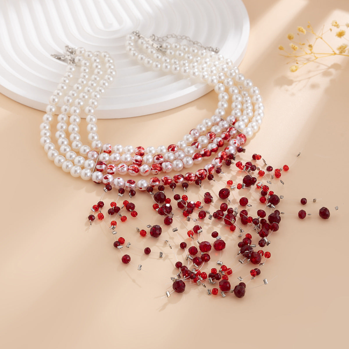Gothic Pearl Crystal Blood-Drip Choker