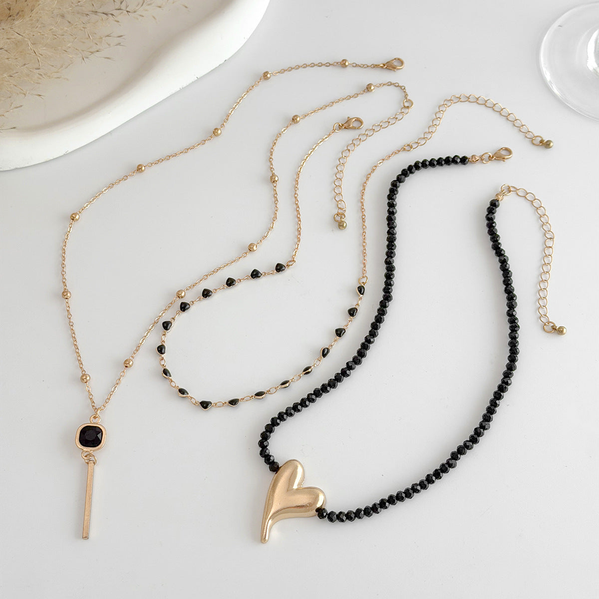 Black & Gold Heart Crystal-Style Necklace