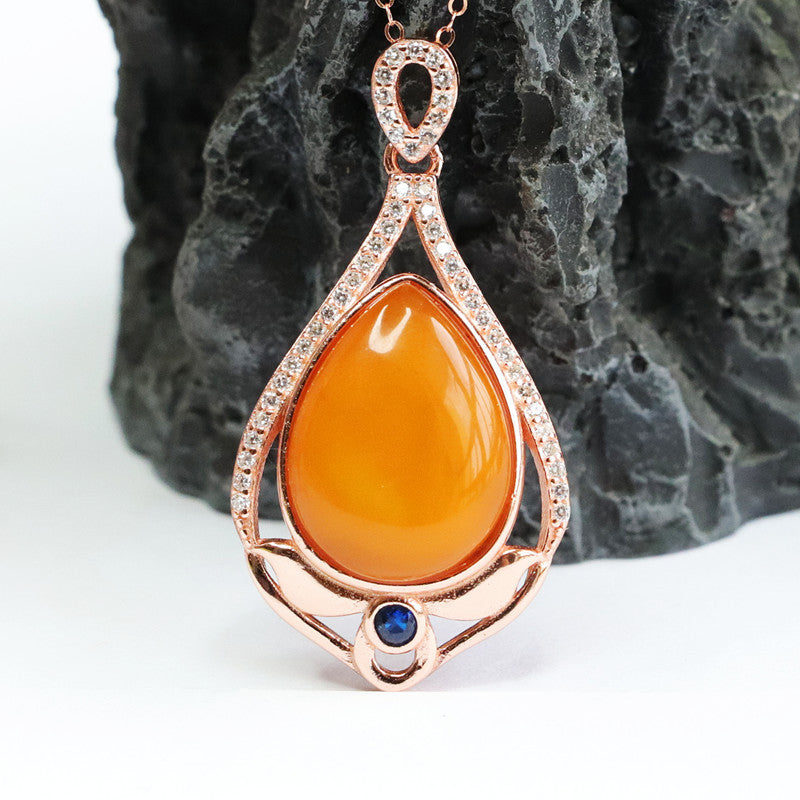 Sterling Silver Necklace with Beeswax Amber Pendant and Zircon Detail