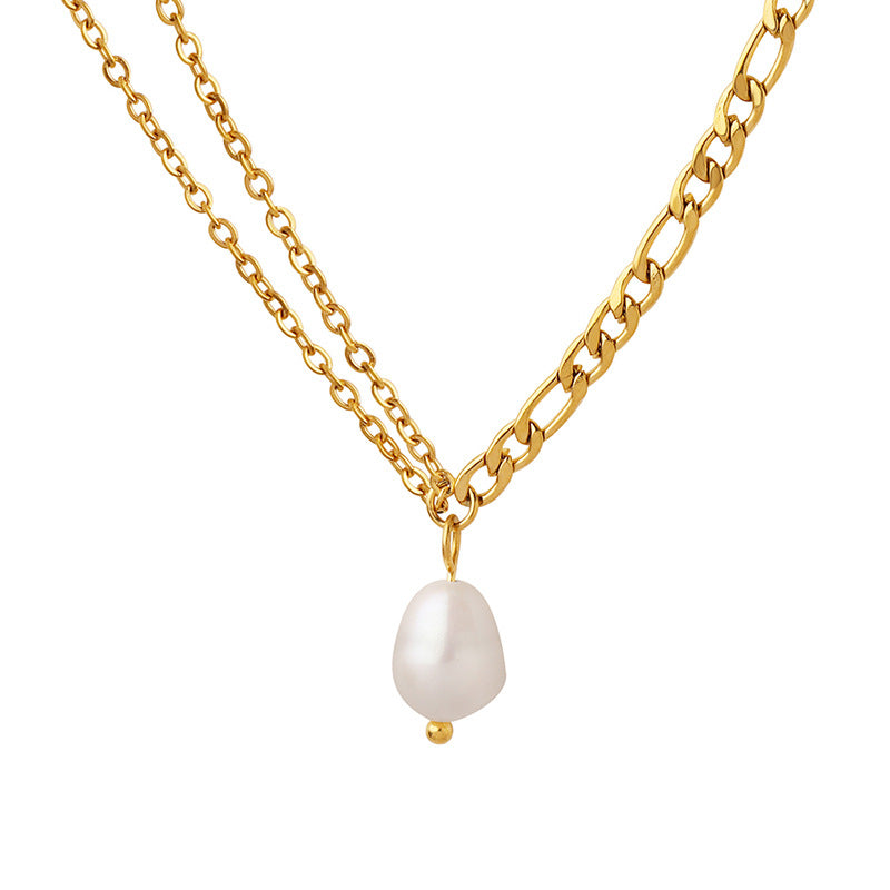 Spicy Girl Freshwater Pearl Necklace with Double Chain - Elegant 18K Gold-Plated Collarbone Neckchain