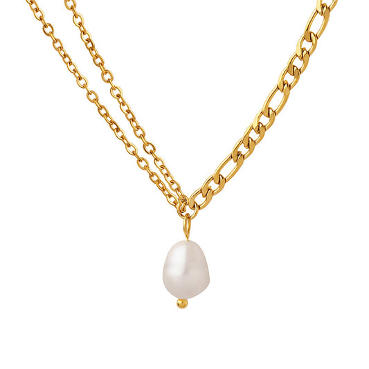 Spicy Girl Freshwater Pearl Necklace with Double Chain - Elegant 18K Gold-Plated Collarbone Neckchain