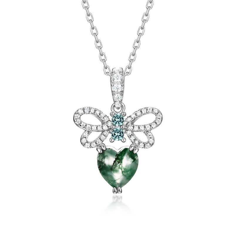 Planderful Jewelry Heart Shaped Green Moss Agate Necklace In Sterling Silver Bow Pendant
