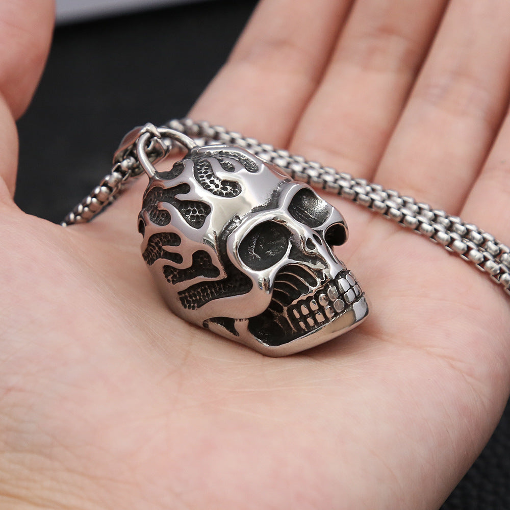 Foreign Trade Titanium Steel Flame Skull Necklace for Men