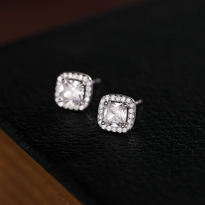 925 Sterling Silver Super Flash Zircon Sugar Cube Stud Earrings