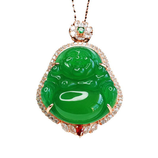 Chalcedony Buddha Pendant Necklace with Zircon Accents