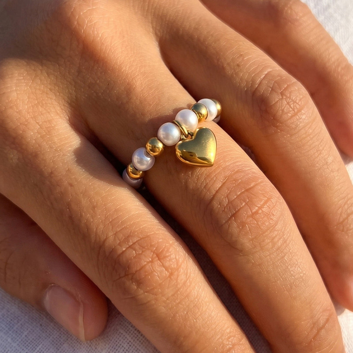 Stainless Steel Daily High-Gloss Heart-Shaped Imitation Pearl Steel Ball Ring Women's