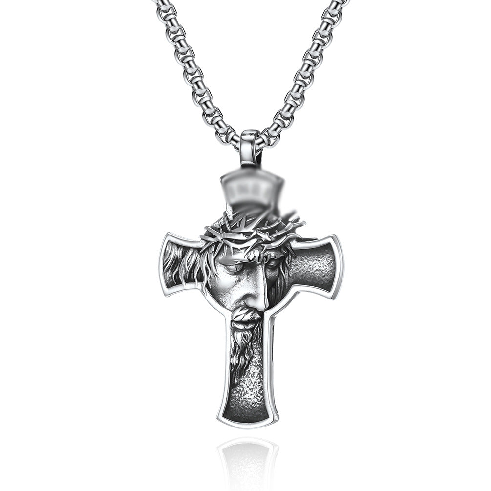 Retro Style Stainless Steel Portrait Cross Necklace Pendant for Men