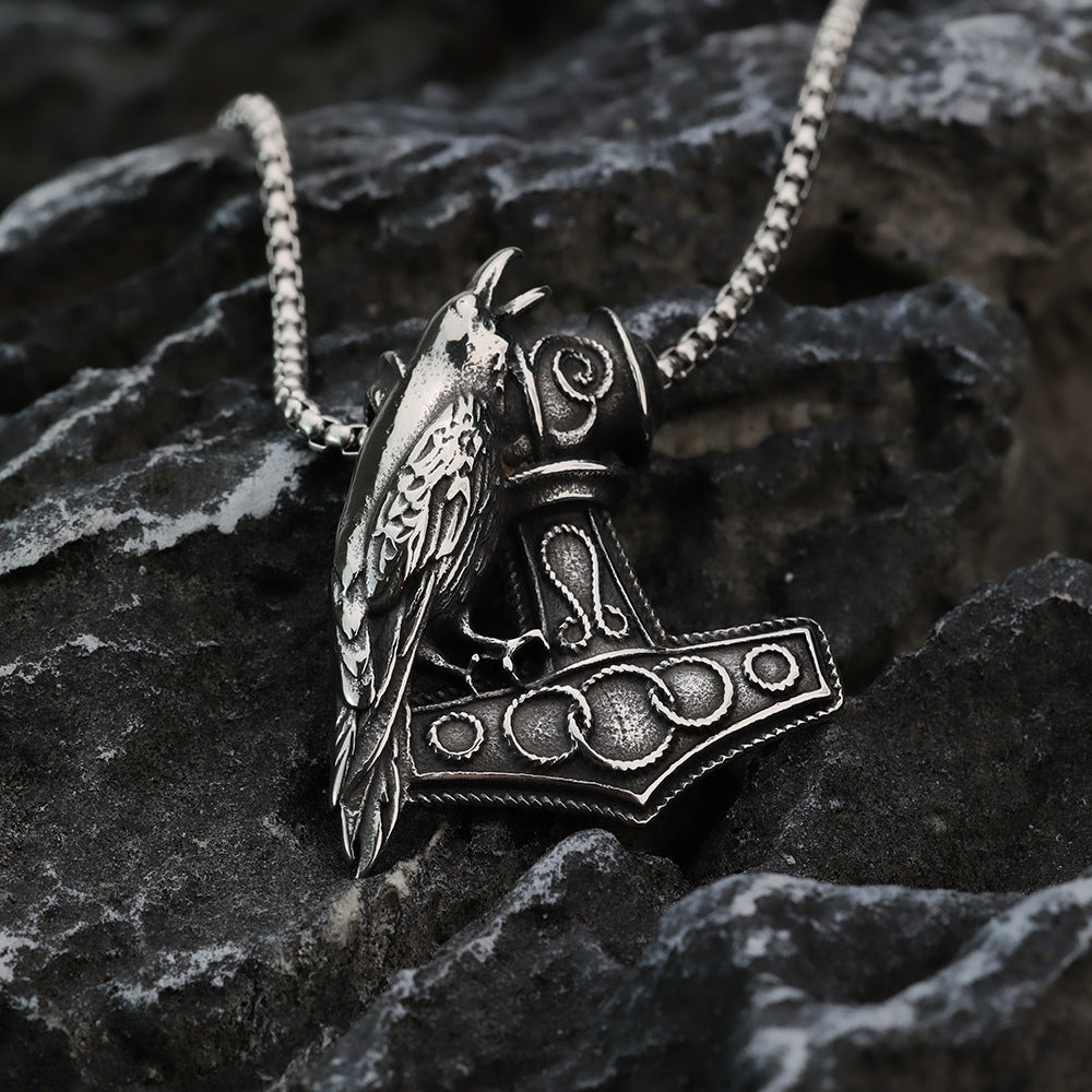 Vintage Stainless Steel Men's Viking Raven Thor Hammer Necklace