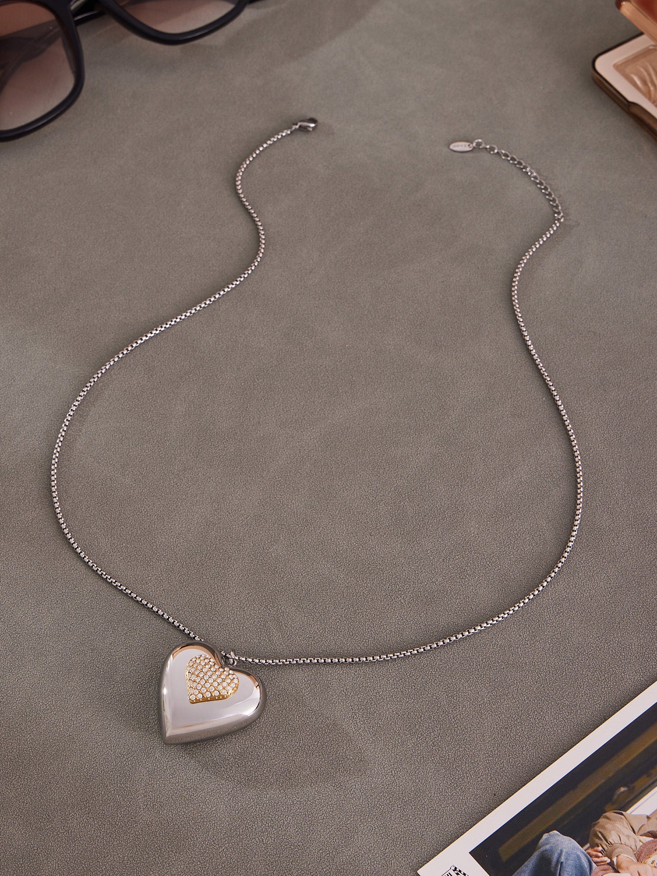 Planderful Two Tone Hollow Heart Zirconia Necklace Women