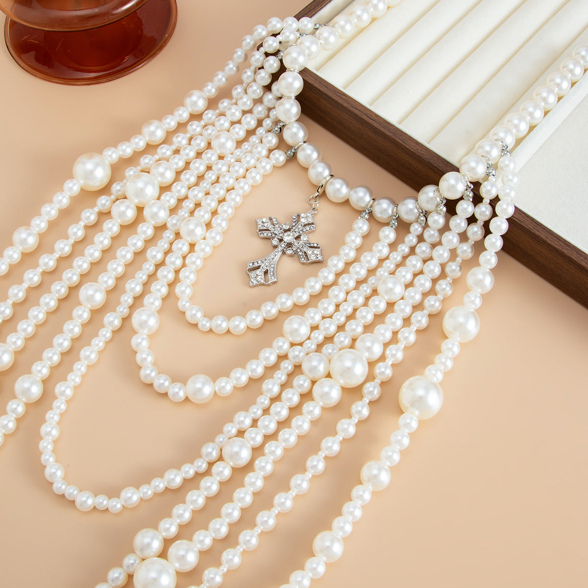 French Baroque Pearl Cross Long Necklace