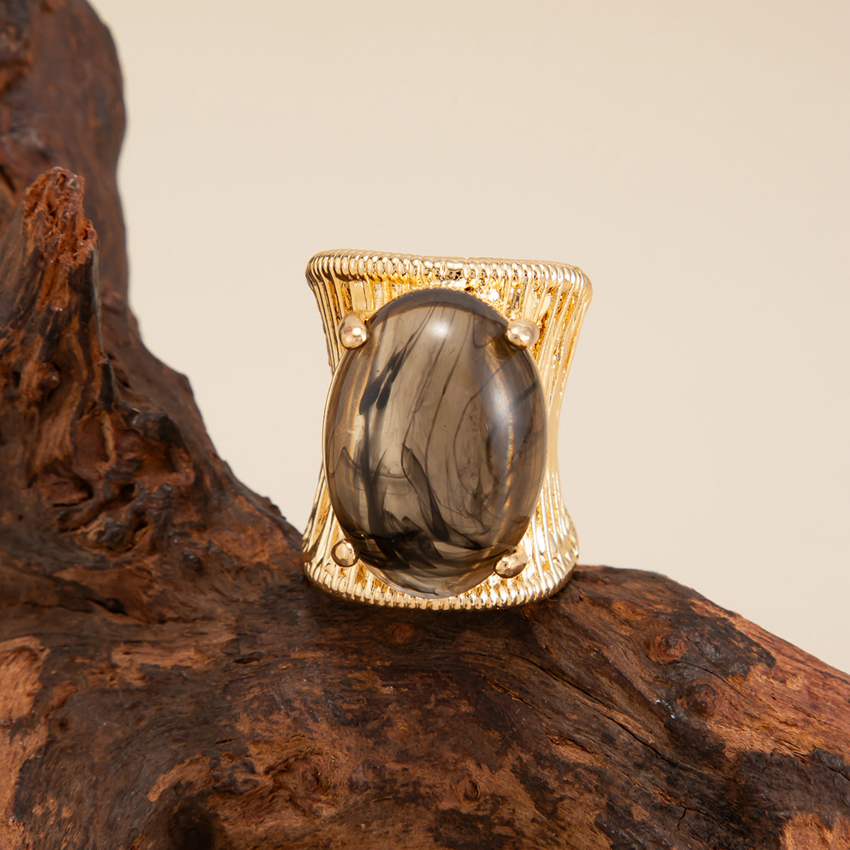Planderful Geometric Open Ring For Women Brushed Metal Statement Vienna Verve Maillard Stone