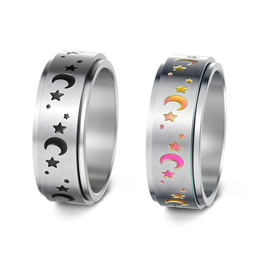 Planderful Everyday Genie 8mm Rotatable Star Moon Stainless Steel Ring For Men Unisex Couples Statement