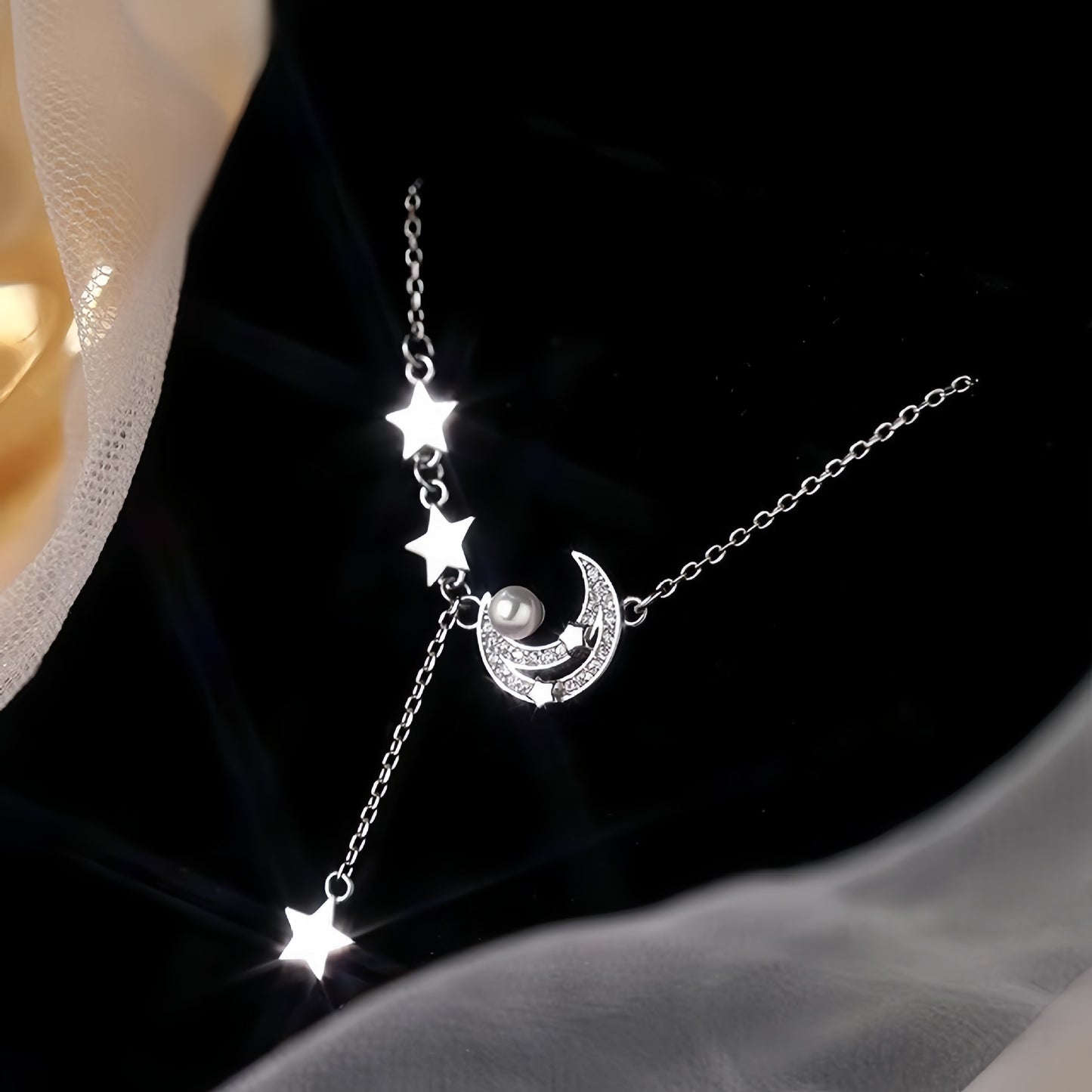 Planderful 925 Sterling Silver Star Moon Necklace With Pearl Pendant For Romantic Girls