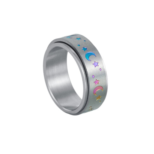 Celestial Rotating Silver Star Moon Ring - Stainless Steel Unisex Jewelry Bulk Buy