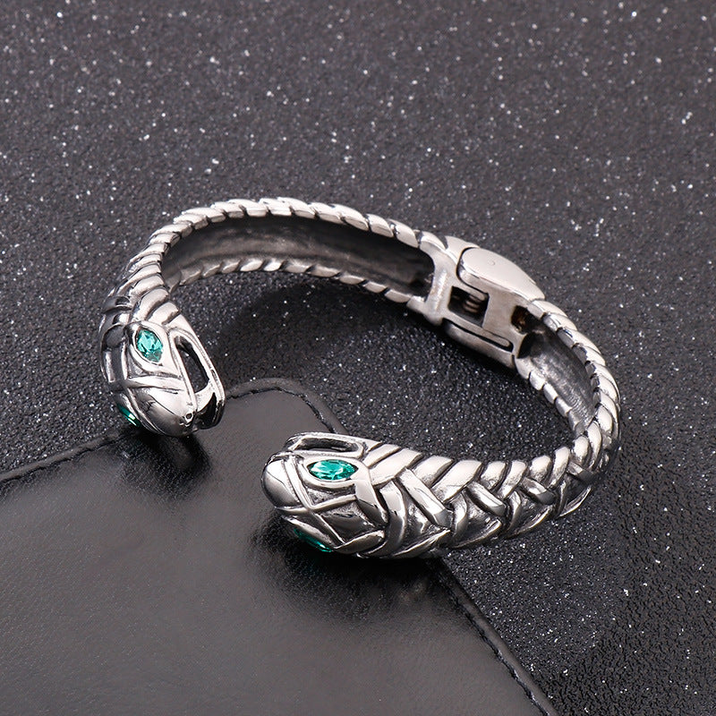 Rock Hip-Hop Zircon-Inlaid Double Snake Opening Titanium Steel Men's Bracelet