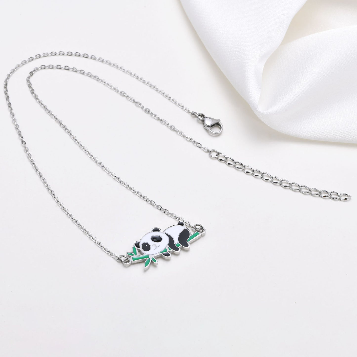 Stainless Steel All-Light Flat Cross Chain Panda Bamboo Necklace