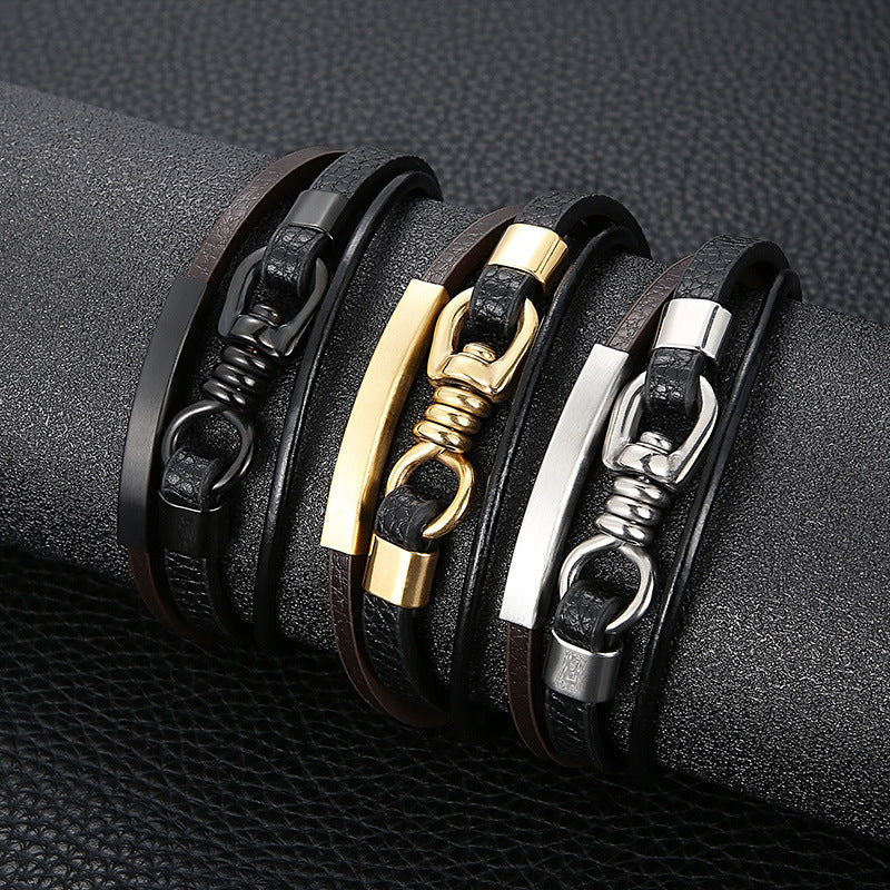 Planderful Mens Leather Titanium Steel Bracelet Punk Style