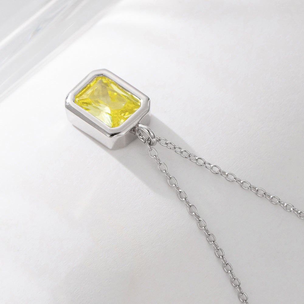 S925 Sterling Silver Square Olive Yellow Zircon Pendant Necklace