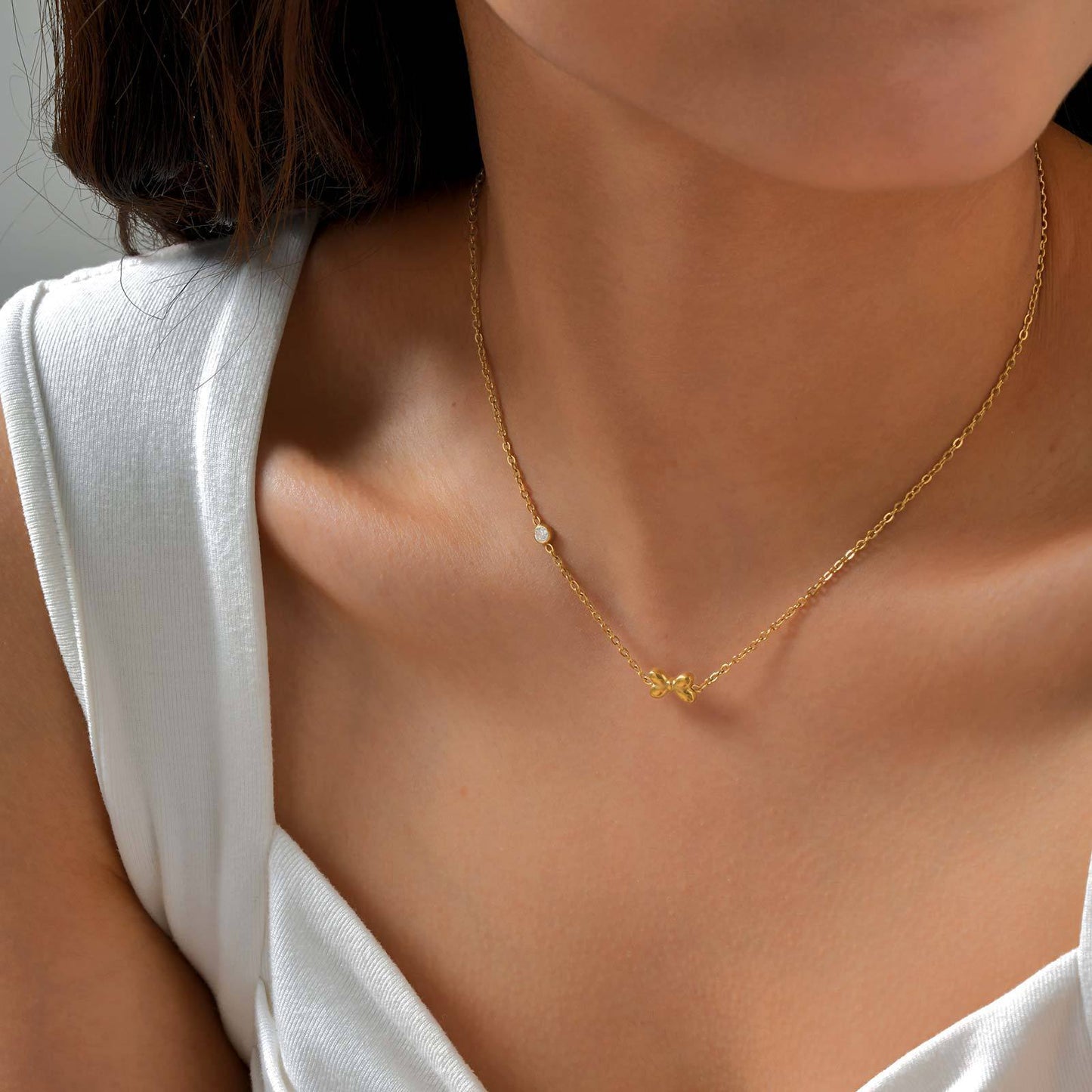 Style Women's – Stainless Steel Flat Cross Chain Zircon Heart Butterfly Necklace