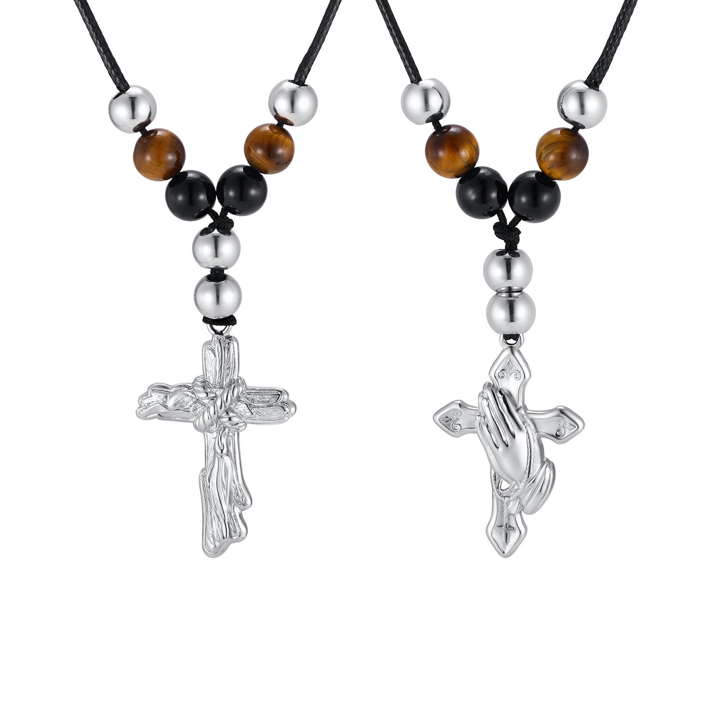 Stainless Steel Cross Agate Tiger's Eye Stone Beaded Adjustable Necklace