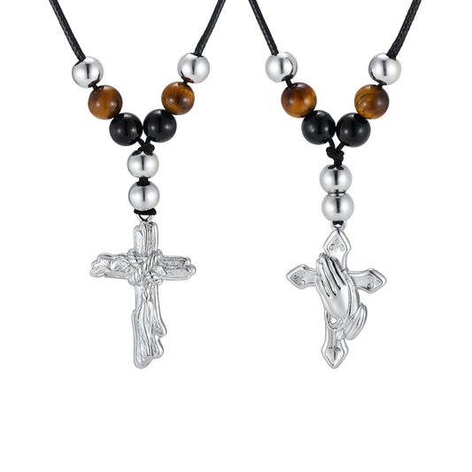Stainless Steel Cross Agate Tiger's Eye Stone Beaded Adjustable Necklace