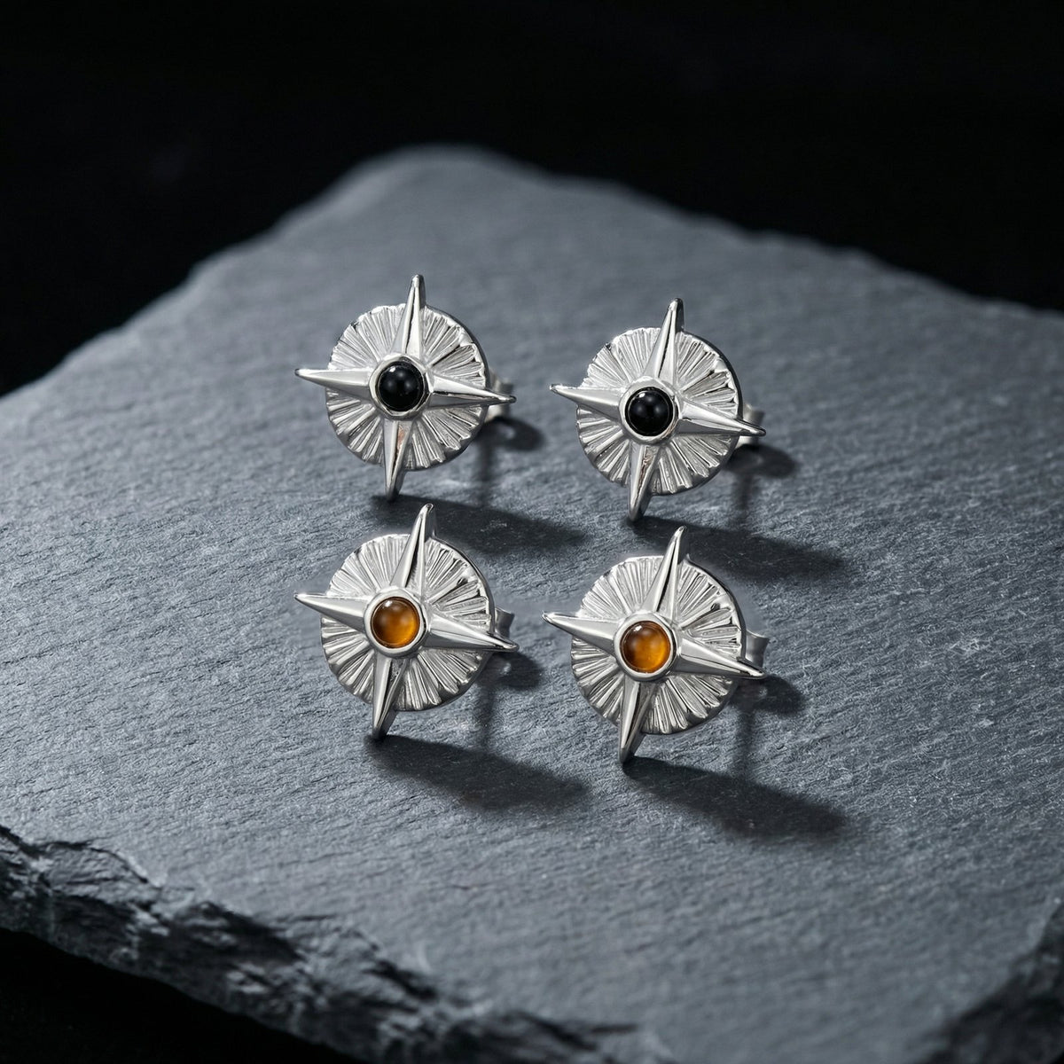 Silver-Tone Compass Stone Stud Earring — Single