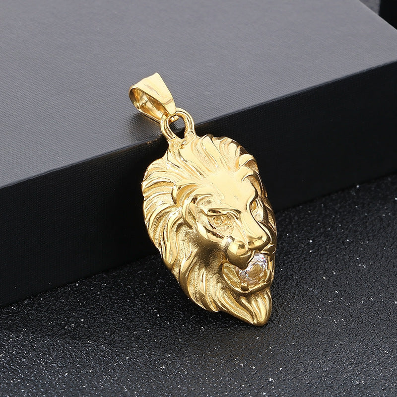 Planderful Lion Head Zircon Pendant Steel Mens Necklace