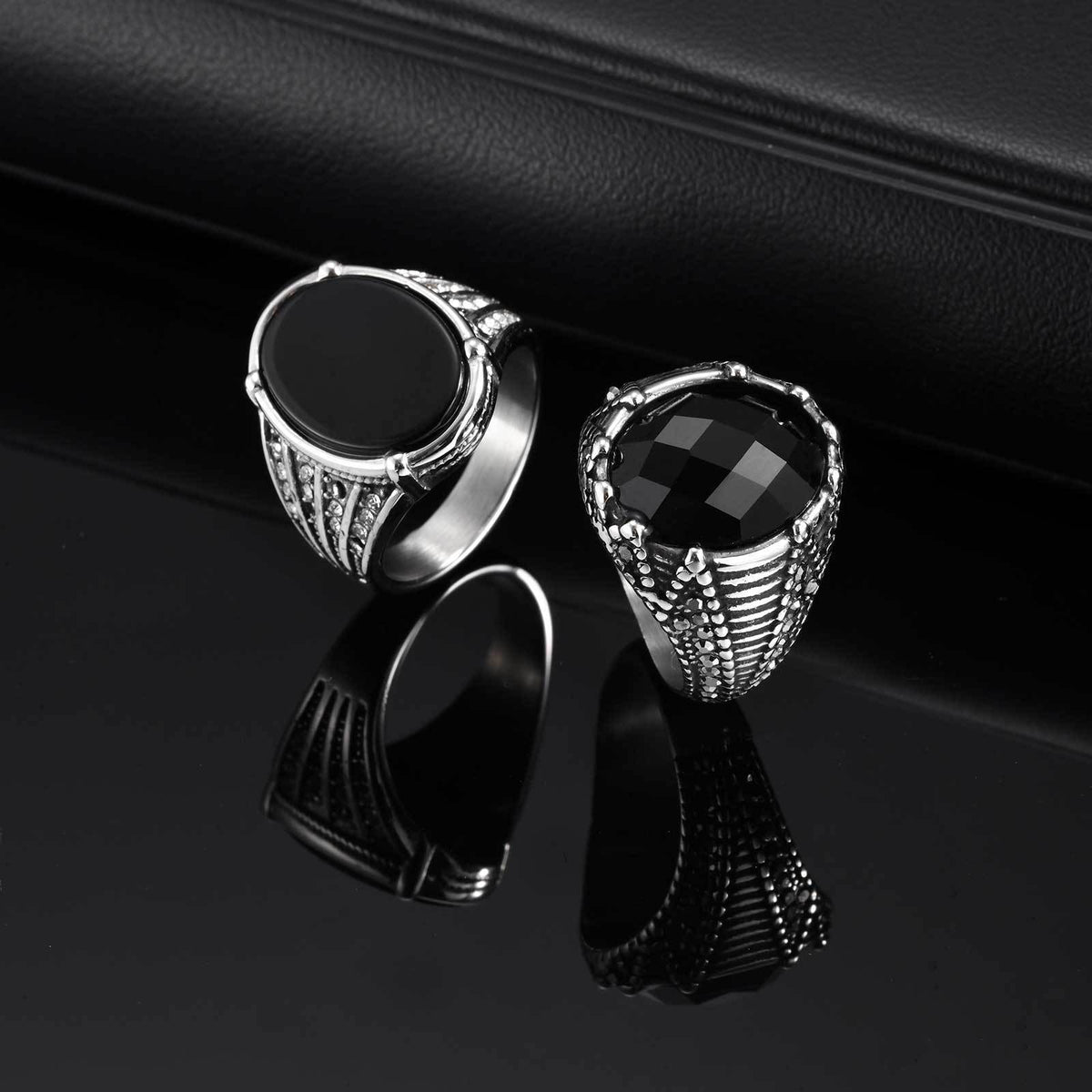 Stainless Steel Geometric Ring Inlaid With Round Cut Black Glass Black Agate – Men's Cool