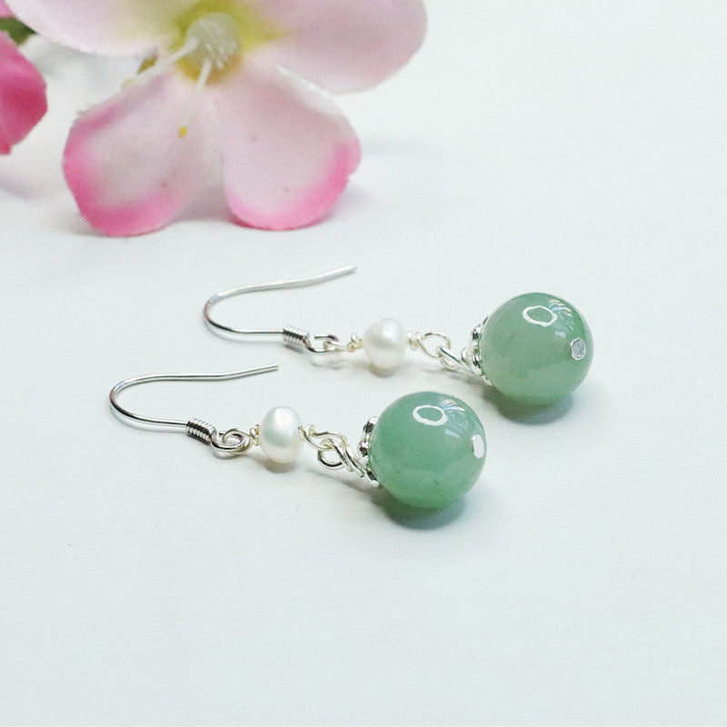 925 Sterling Silver Jadeite & Pearl Hook Earrings
