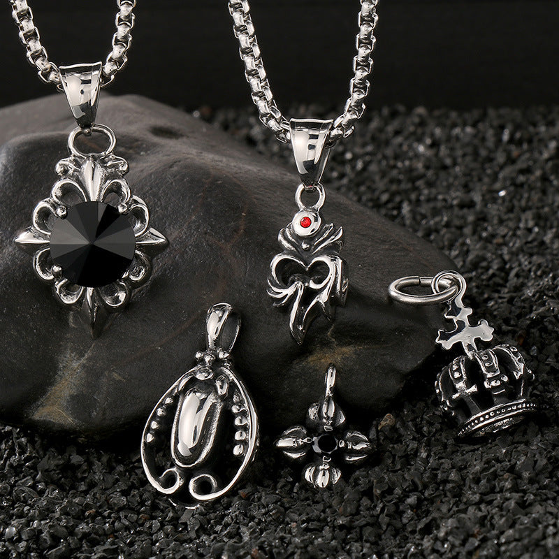 Old Versatile Zircon Cross Flower Sweater Chain, Retro Crown Stainless Steel Men's Pendant. Necklace