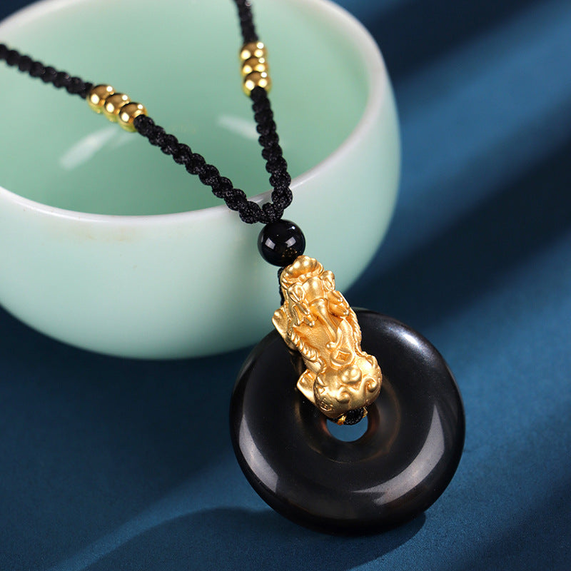 999 Silver Obsidian Agate Pixiu Peace Buckle Pendant Necklace