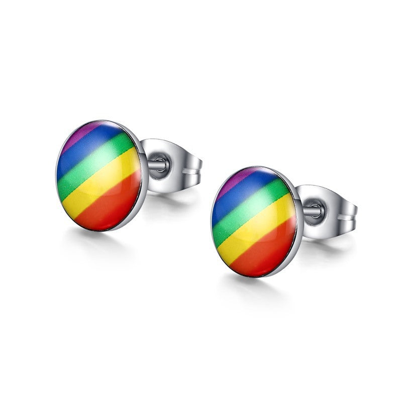 Rainbow Stripe Stainless Steel Stud Earrings — Pair