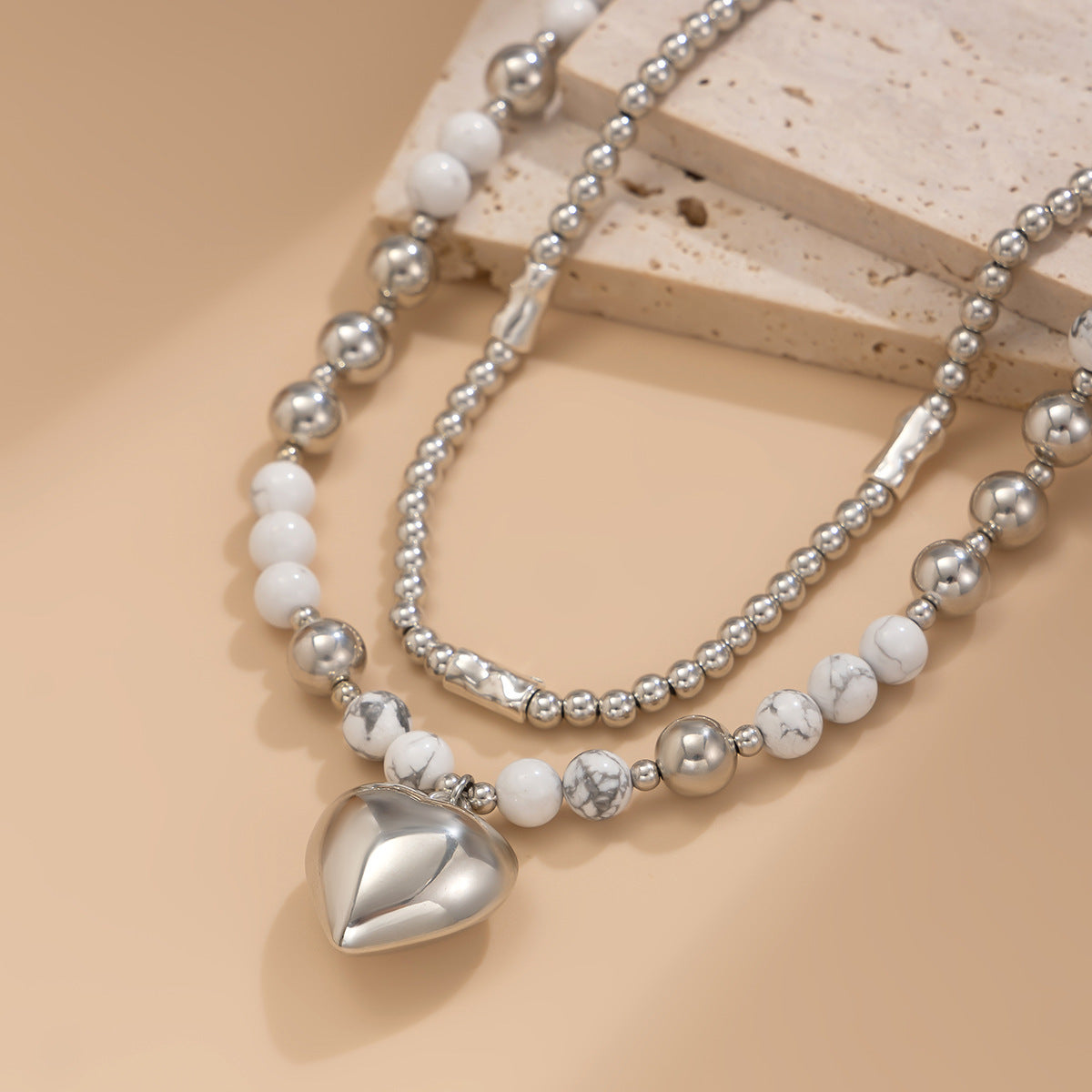 Heart Pendant Mixed-Bead Necklace Set