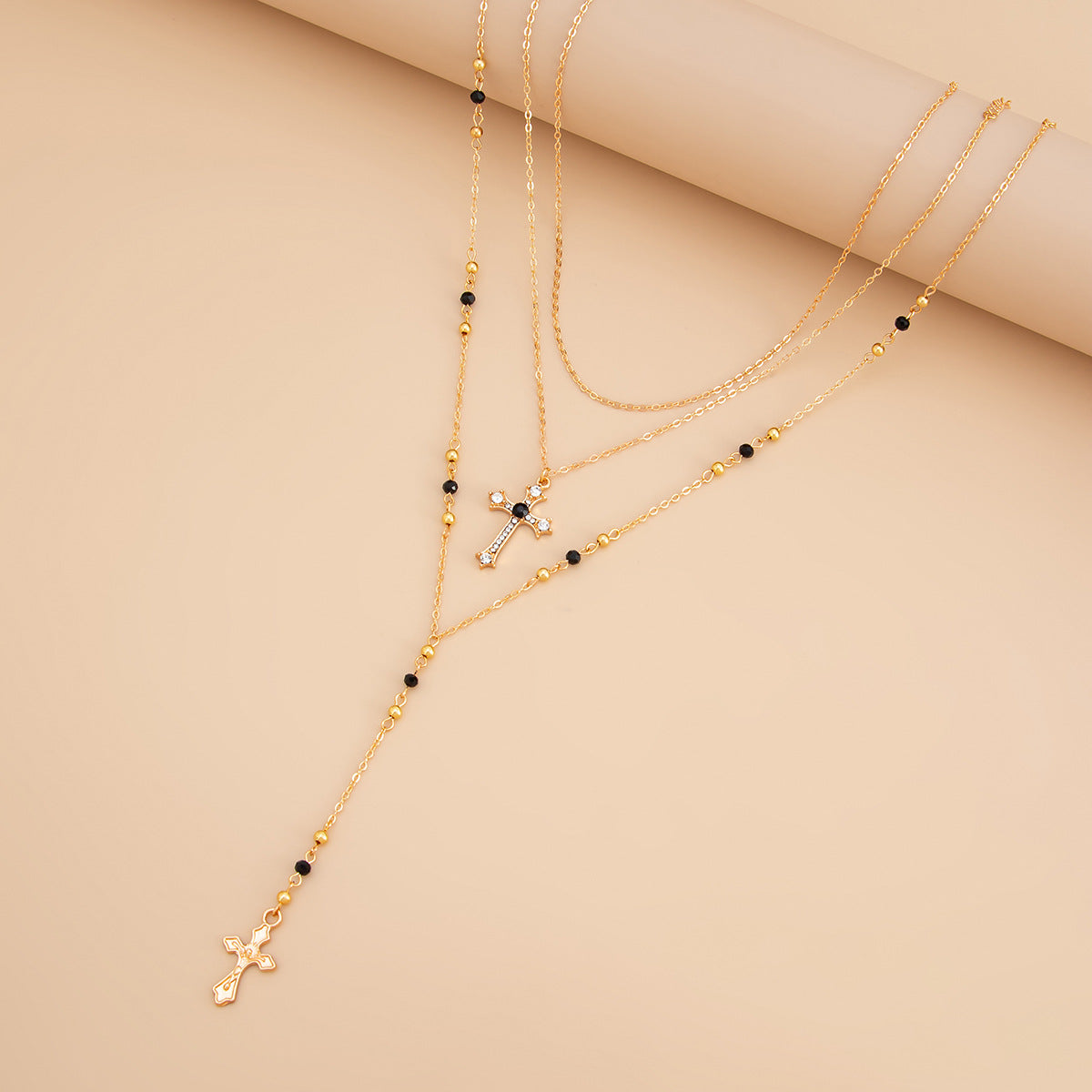 Wind Stacked Cross Fringed Necklace Round Bead Snake Bone Chain Multi-Layer