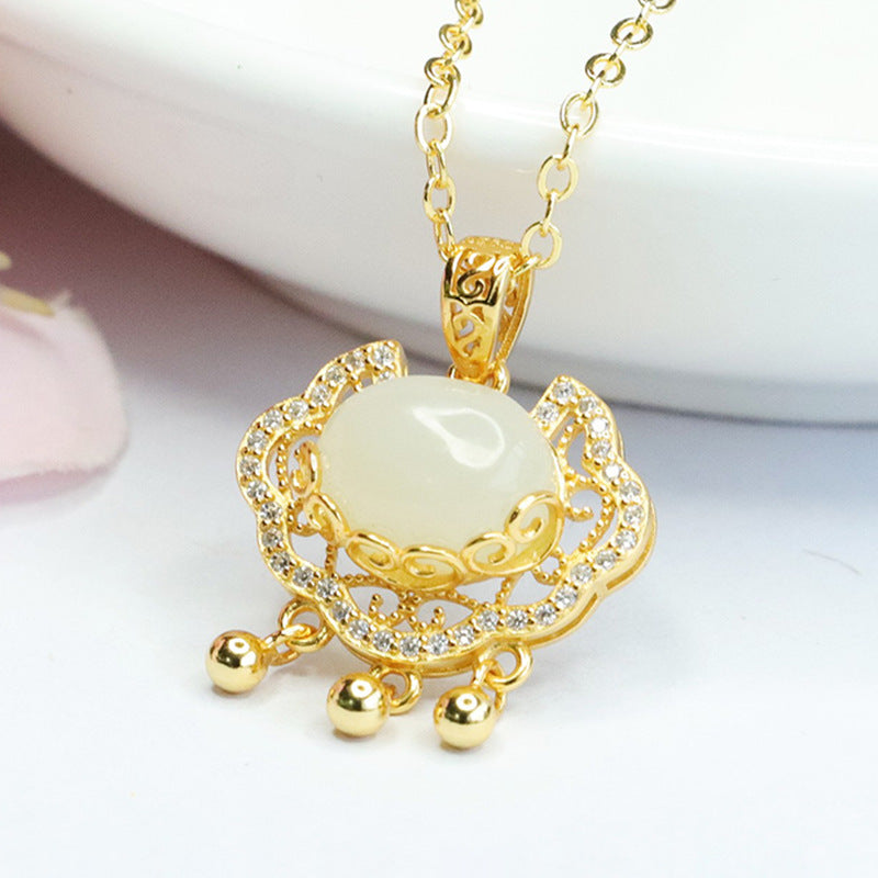 Sterling Silver Hetian Jade Pendant with Zircon Ruyi Lock Necklace