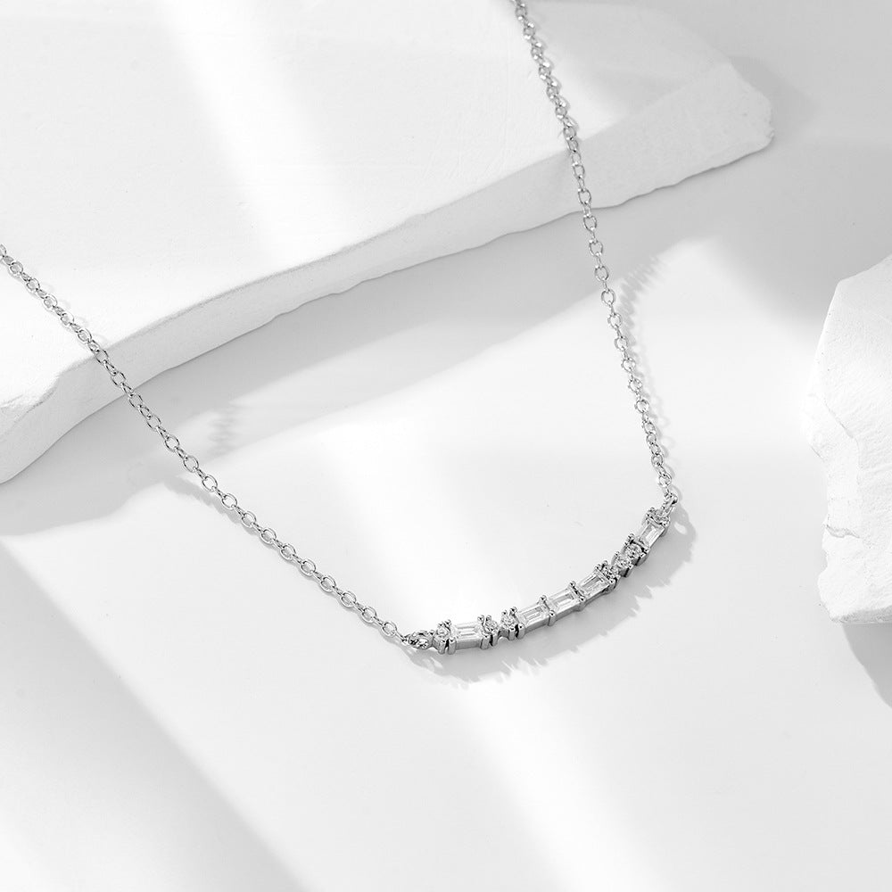 S925 Sterling Silver Rectangular Zircon Smile Pendant Necklace Geometric