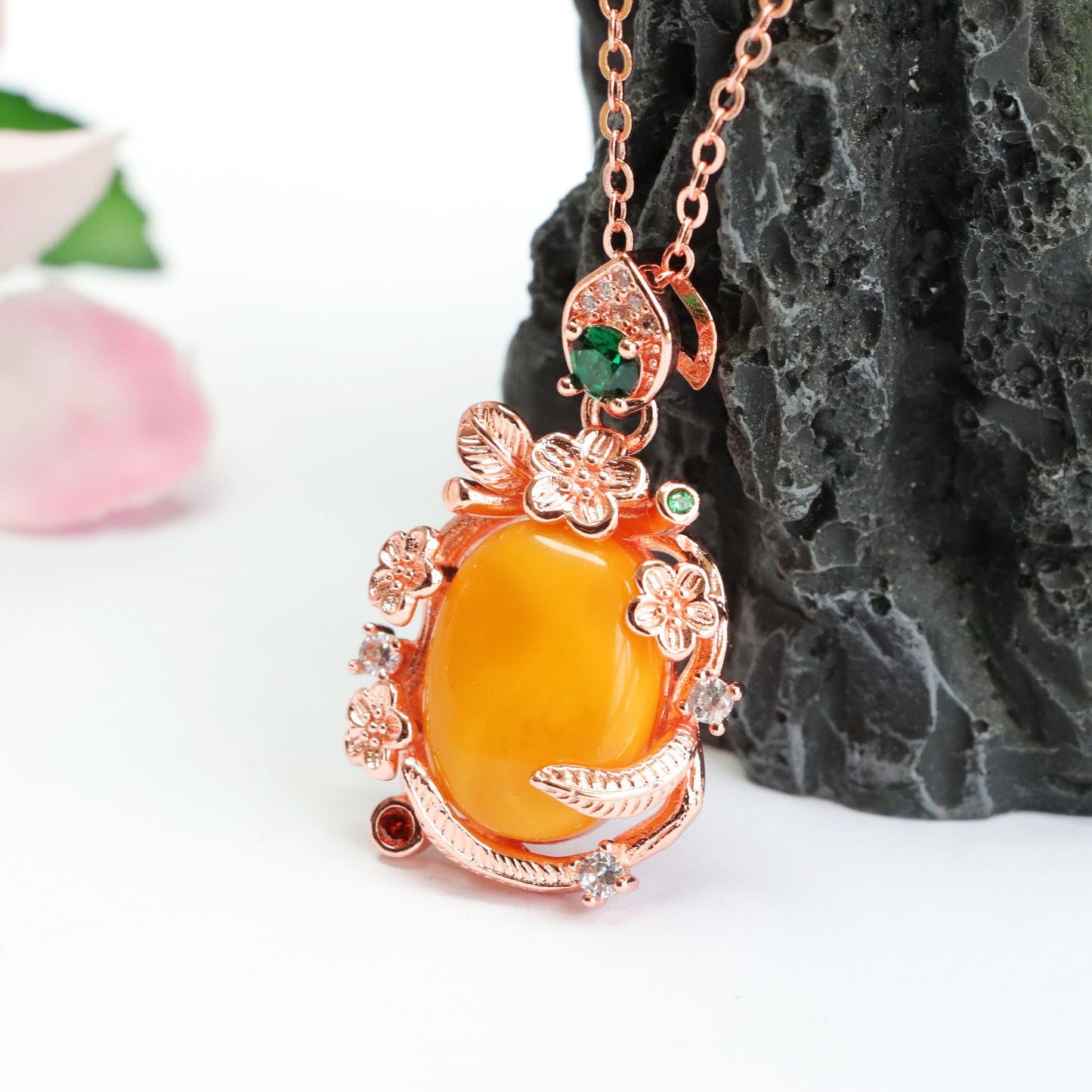 Amber Beeswax Pendant with Zircon Garland Necklace - Sterling Silver Necklace